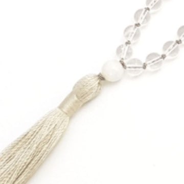 Close up of Handmade Crown Chakra Mala Necklace – Labradorite, Moonstone & Quartz nguru bead